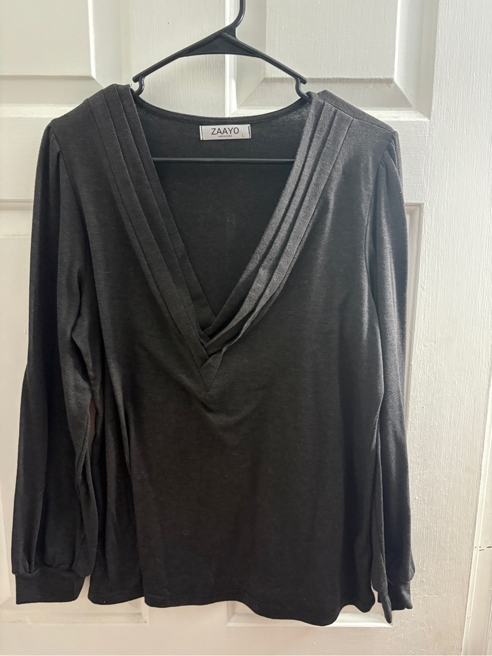 Black V-Neck Pleated Trim Long Sleeve Blouse